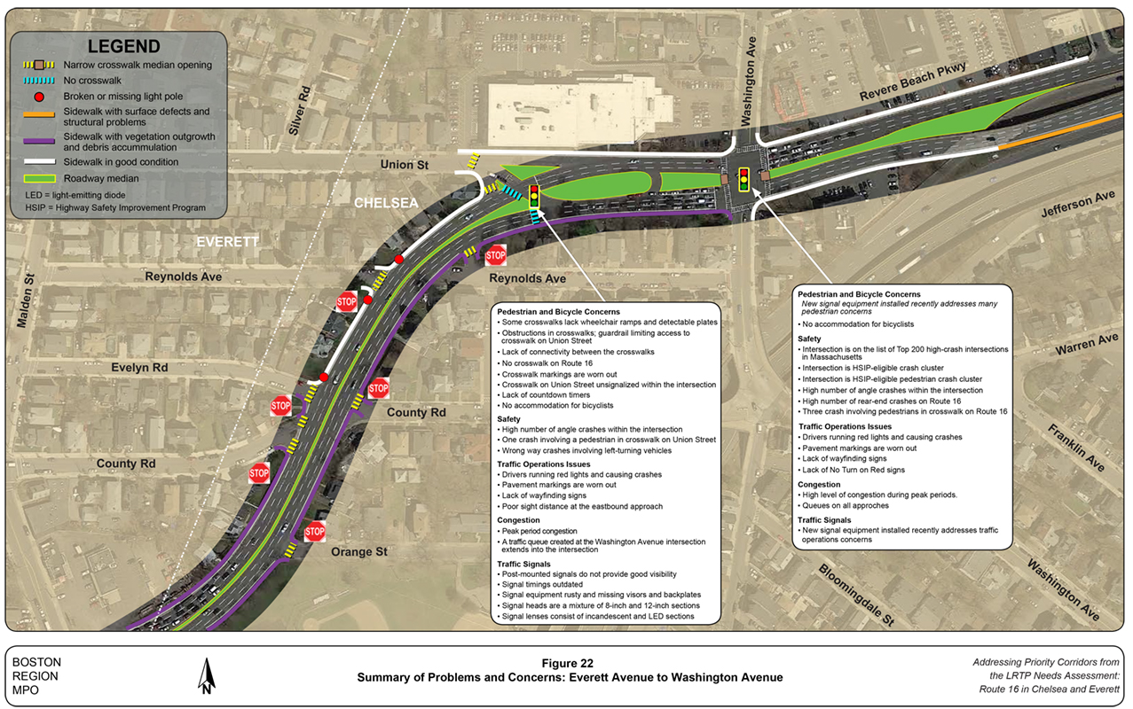 Figure 22
Summary of Problems and Concerns: Everett Avenue to 
Washington Avenue
Figure 22 is an aerial photo of Route 16 showing a summary of the problems and concerns from Everett Avenue to Washington Avenue.
